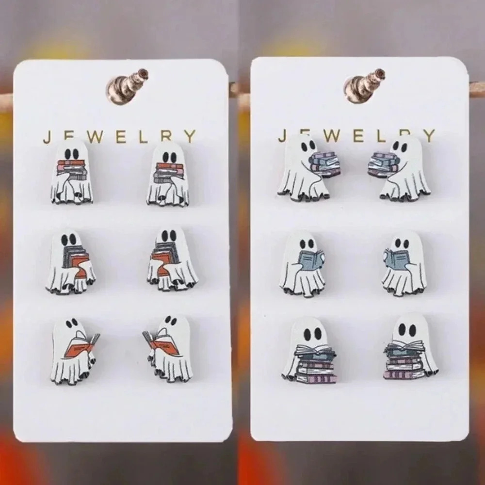 3 pair ladies fun Halloween white and blue ghosts reading books stud earrings